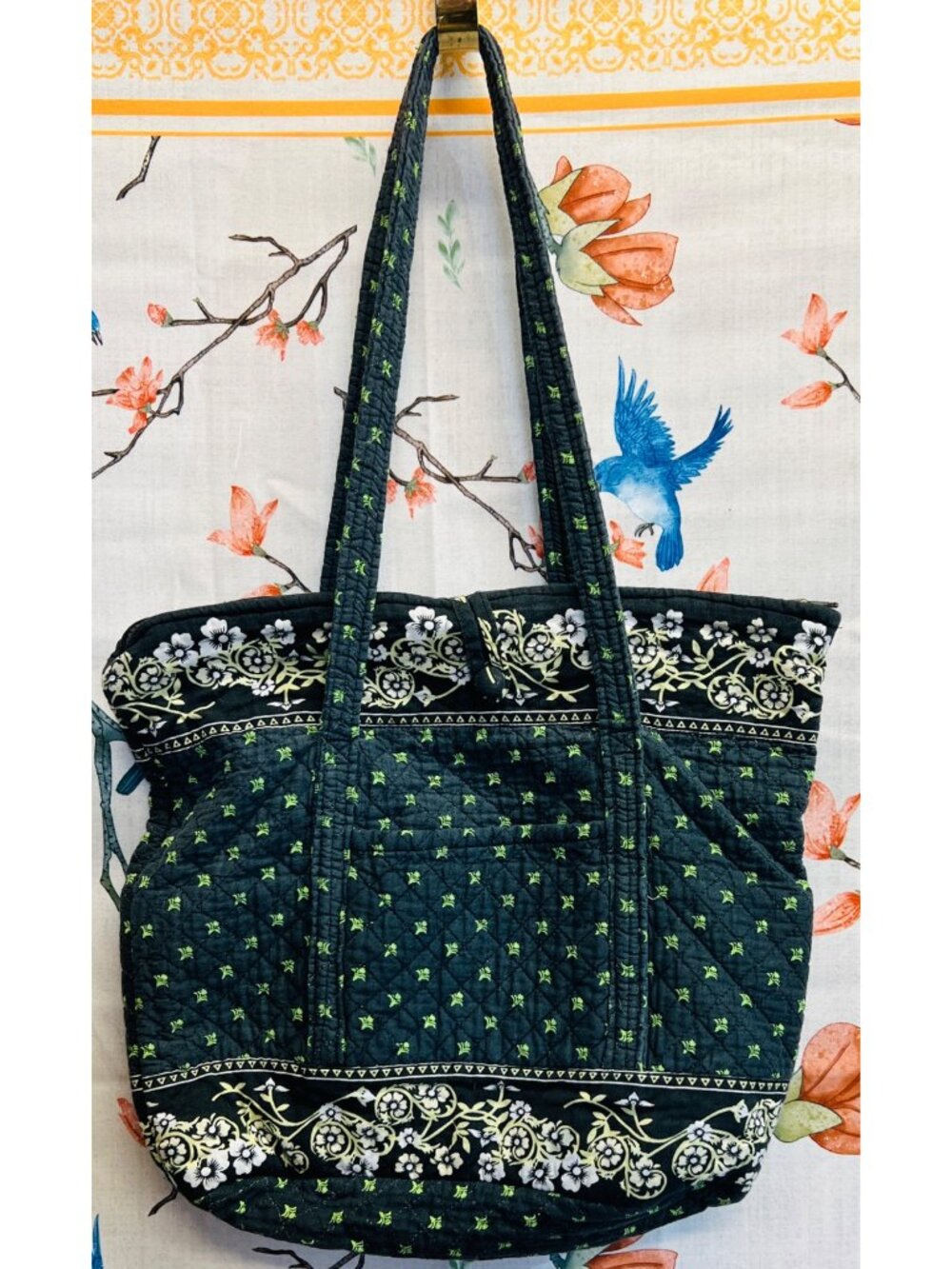 Quilted Pattern Navy Floral Tote Bag Button Closure, Long Handles, Pockets 17x14